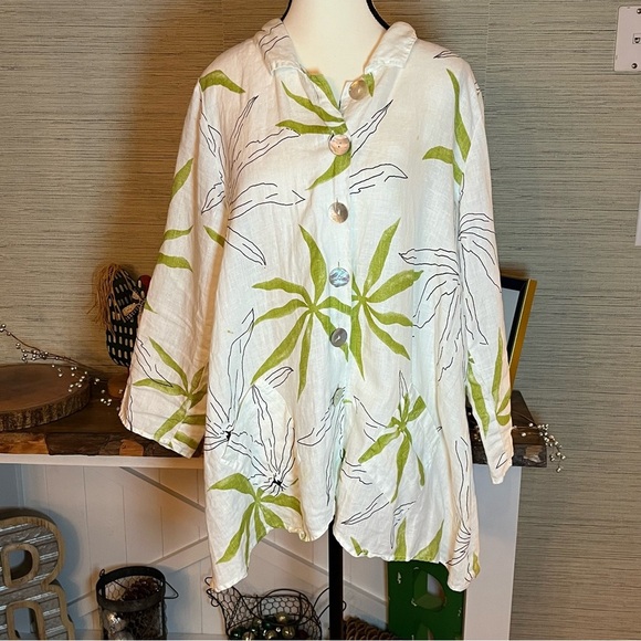 HABITAT 100% Linen Button Up Langenlook Top Blouse White Green Womans Size Small - Picture 2 of 12